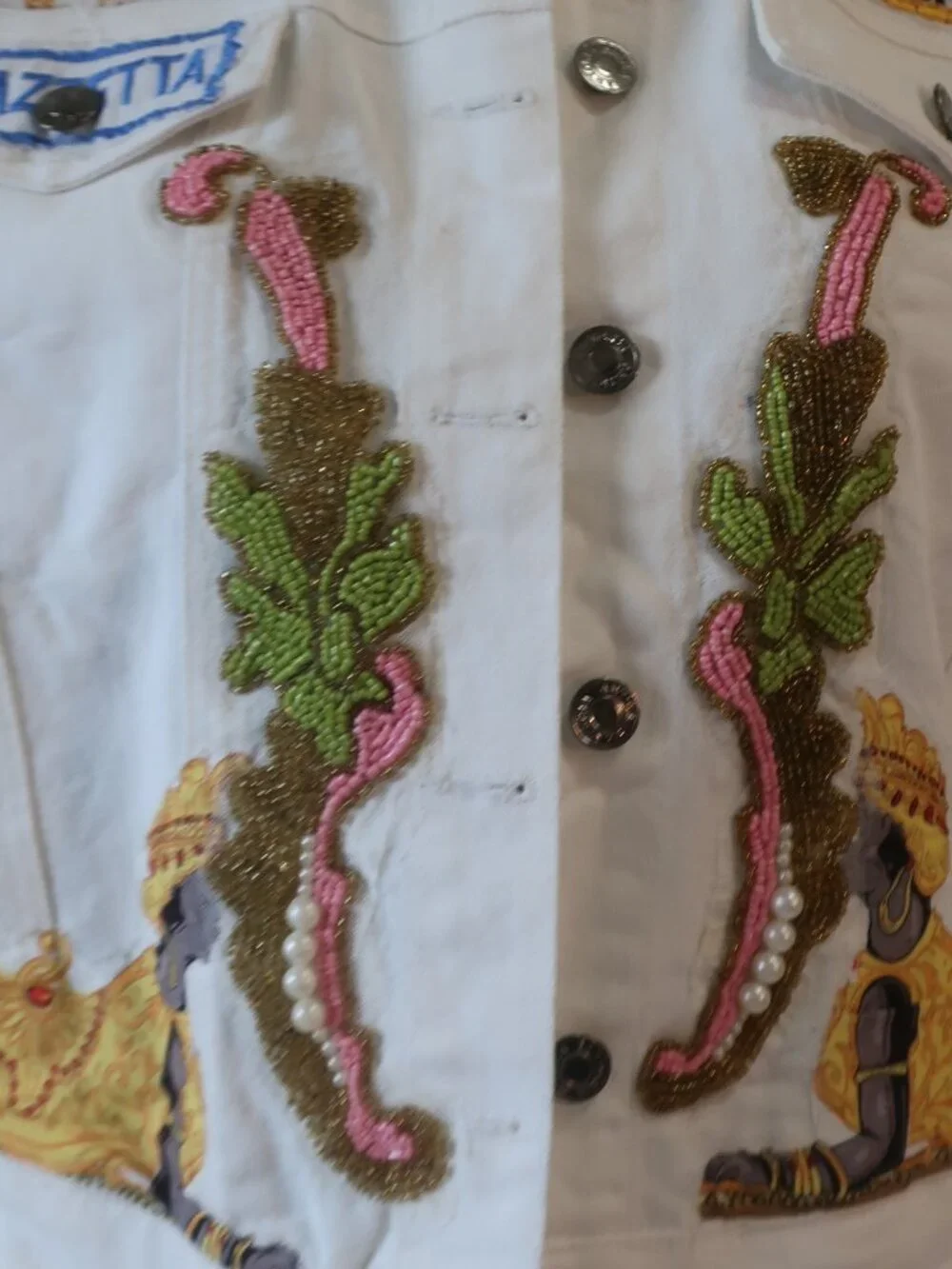NWT Womens Antica Sartoria By Giacomo Cinque Wht Embroidered Bead Denim Jacket S - Picture 3 of 13